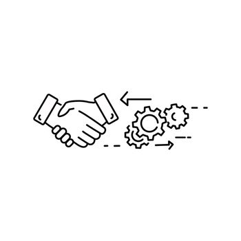 Smart Contract Setup Gear sign icon or logo line. Smart Contract concept. Business contract and handshake outline vector illustration.