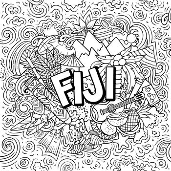 Fiji hand drawn cartoon doodles illustration. Funny travel design.