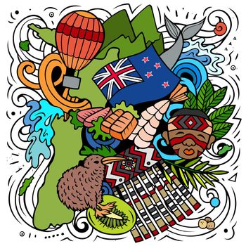 New Zealand hand drawn cartoon doodle illustration. Funny local design.