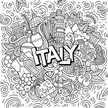 Italy hand drawn cartoon doodles illustration. Funny travel design.