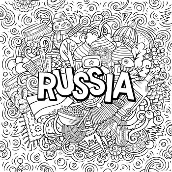 Russia hand drawn cartoon doodles illustration. Funny travel design.