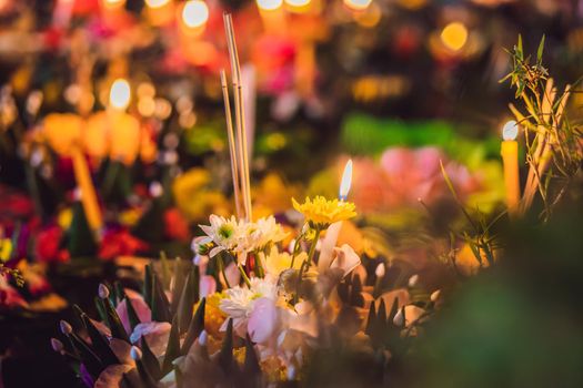 Loy Krathong festival, People buy flowers and candle to light and float on water to celebrate the Loy Krathong festival in Thailand