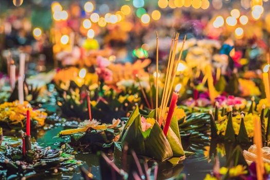 Loy Krathong festival, People buy flowers and candle to light and float on water to celebrate the Loy Krathong festival in Thailand