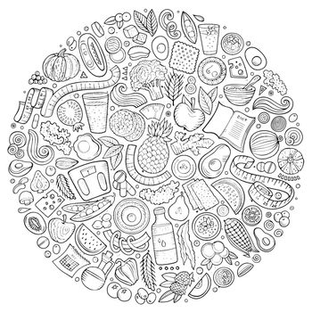 Set of vector cartoon doodle Diet food objects collected in a circle