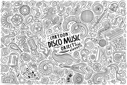 Cartoon set of Disco Music theme items, objects and symbols