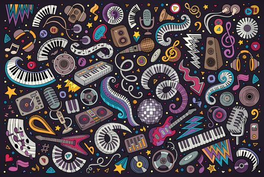 Colorful vector doodles cartoon set of disco music objects