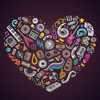 Set of vector cartoon doodle musical objects collected in a heart