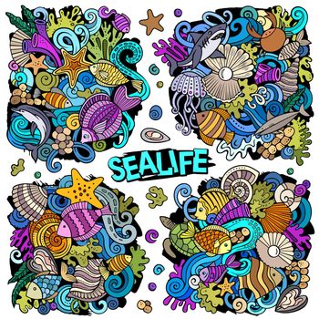 Sea Life cartoon vector doodle designs set.