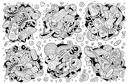 Vector doodles cartoon set of disco music objects combinations