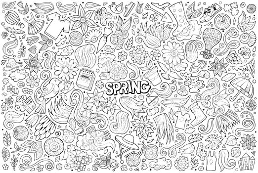 Vector doodle cartoon set of Spring objects and symbols