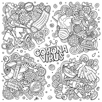 Vector doodles cartoon set of Coronavirus objects and elements