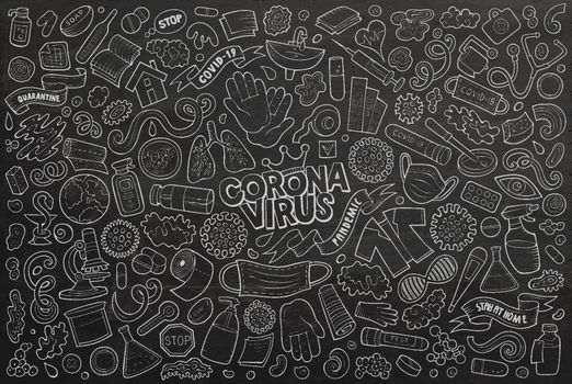Doodle cartoon set of Coronavirus theme objects