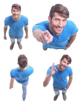 top view. smiling guy in a blue t-shirt looking at the camera