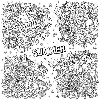 Summer cartoon vector doodle designs set. Sketchy detailed compositions with lot of season objects and symbols. All items are separate