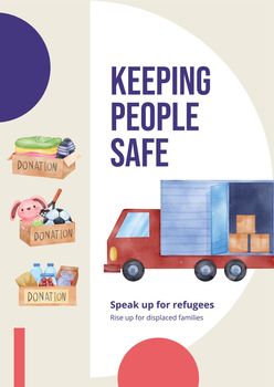Poster template with humanitary aid refugees concept,watercolor