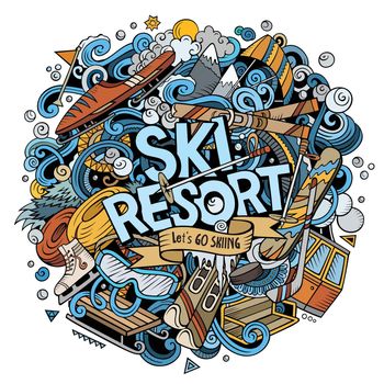 Ski Resort hand drawn cartoon doodles illustration.