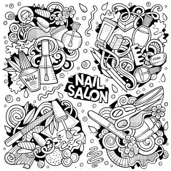 Line art vector hand drawn doodles cartoon set of Nail Salon combinations