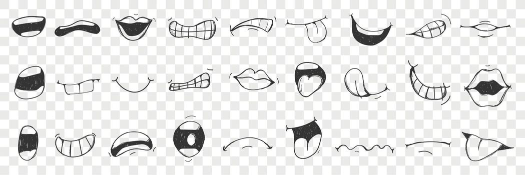 Lips, tongue, mouth hand drawn doodle set