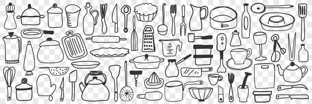 Various dishes and kitchen utensil doodle set