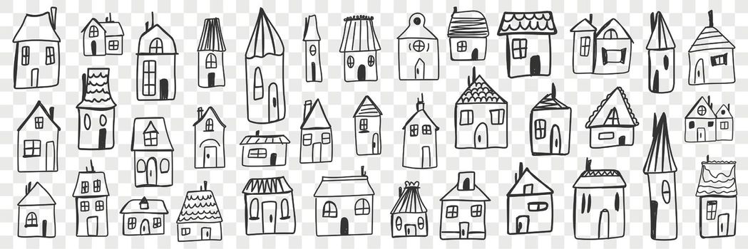 Various houses and buildings doodle set