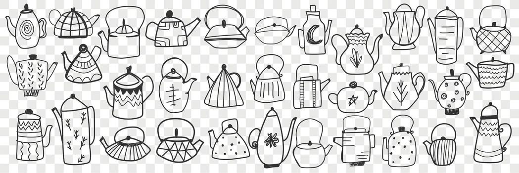Teapots and kettles hand drawn doodle set