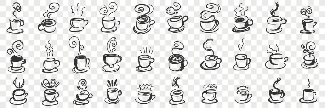 Hot drinks in cups doodle set