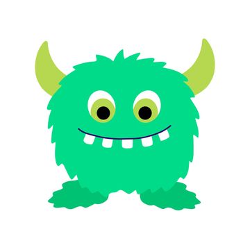 Funny cool cartoon fluffy green monster, aliens or fantasy animals for childish cards and books. Hand drawn flat vector illustration isolated on white background.