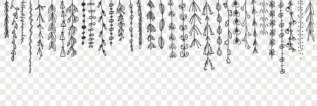Hanging decorative lines with leaves doodle set