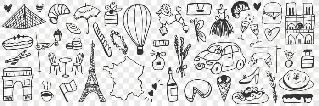 Various french symbols doodle set