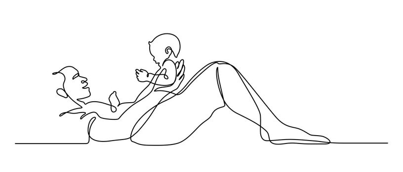 Baby sitting on father's body lay down on ground line art