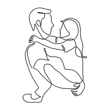 father carrying daughter line art vector illustration
