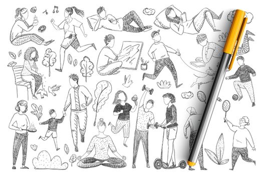 Healthy family lifestyle doodle set