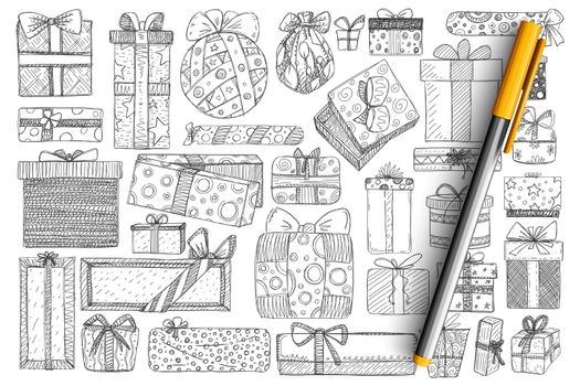 Holiday present in boxes doodle set