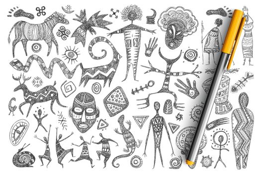 Ancient African symbols doodle set