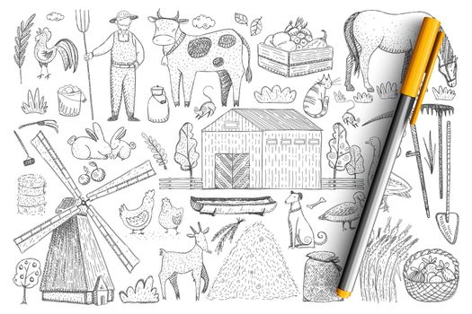 Agriculture and farm doodle set