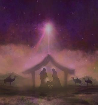 Biblical scene - birth of Jesus in Bethlehem. 