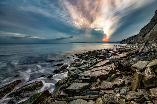 Magnificent sunset view from the rocky Black sea coast, Bulgaria