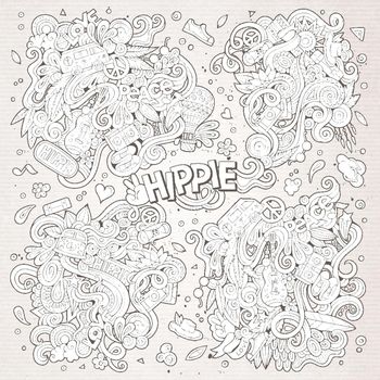 Line art set of doodle hippie designs