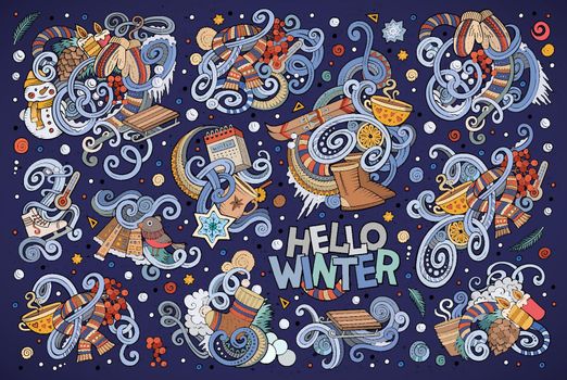 Cartoon set of Winter season doodles designs