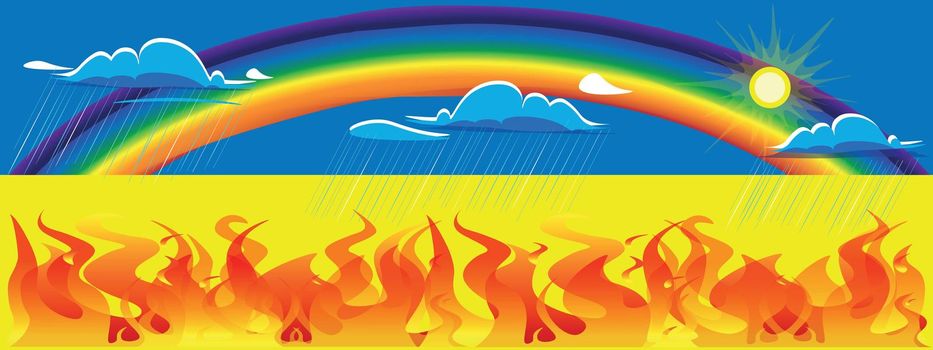 Ukraine flag illustration. Ukraine is engulfed in the fire of war, but God sent clouds of rain to extinguish the flames of war and discord. A rainbow of peace and happiness played over Ukraine.