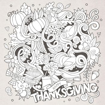 Cartoon vector hand-drawn Doodle Thanksgiving. Sketchy design