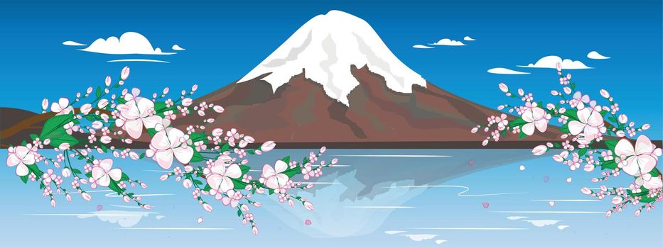 Illustration Fuji Mountain in Japan. Beautiful nature of snowy mountain with sakura blossoms. Japanese romantic place for. Illustration for any design and decoration.