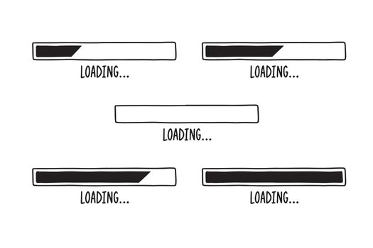 Loading bars drawn hand. Set outline doodle bars with different percent. Cartoon vector loading.