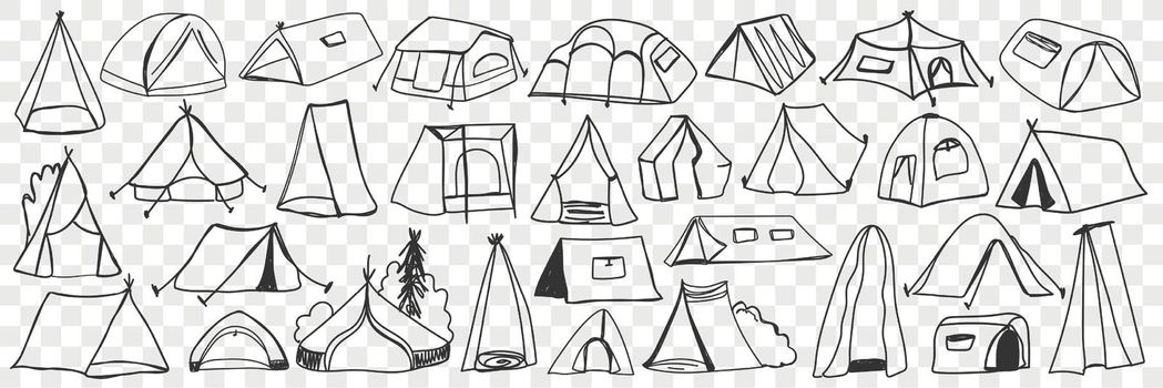 Various camping tents doodle set