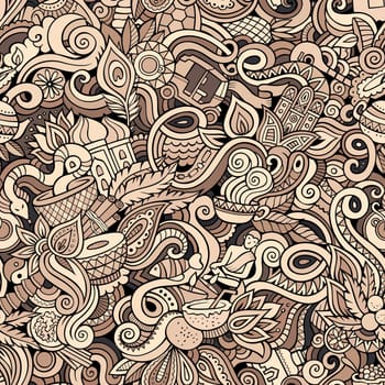 Cartoon cute doodles hand drawn Indian culture seamless pattern