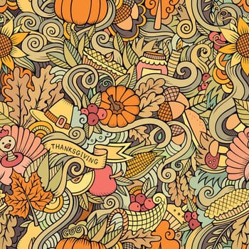 Cartoon cute doodles hand drawn Thanksgiving seamless pattern
