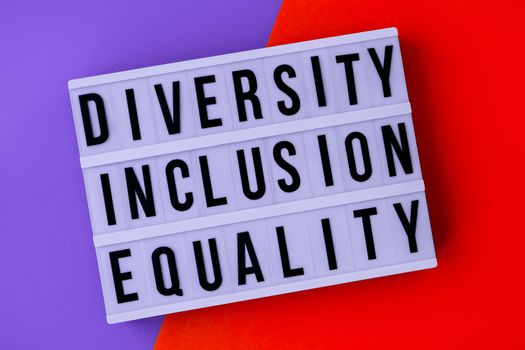 Diversity inclusion equality lettering. Text. Diversity, Age, Ethnicity, Sexual Orientation, Gender, Religion. Equal rights social concept.