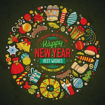 Set of New Year cartoon doodle objects round frame