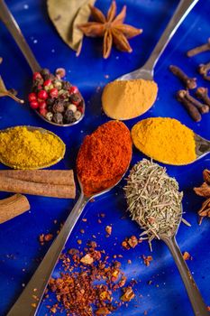 Different colorful spices on dark blue background