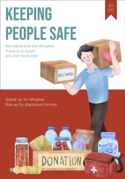 Poster template with humanitary aid refugees concept,watercolor